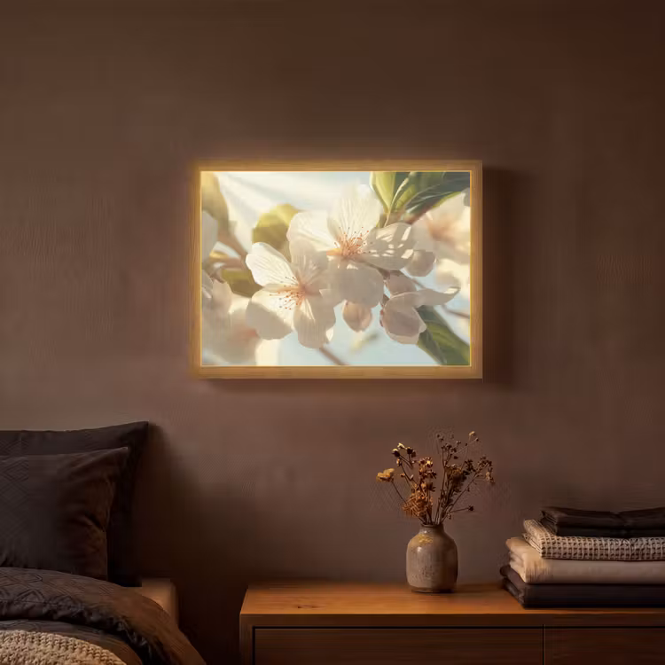 Bloesems - Wit - Zonnestralen -  Bloemblaadjes Light Box met batterij (Wandlamp) middel -sfeer4