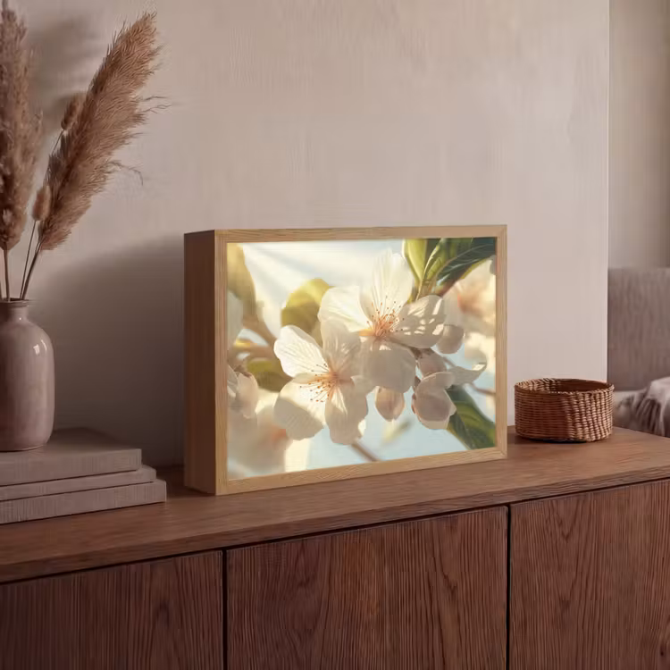 Bloesems - Wit - Zonnestralen -  Bloemblaadjes Light Box met batterij (Wandlamp) middel -sfeer2