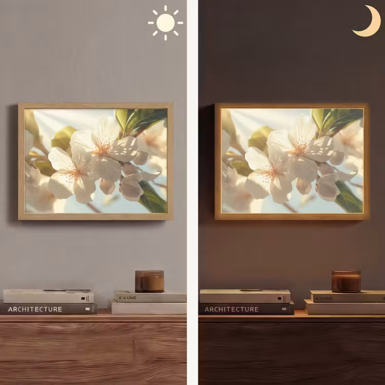 Bloesems - Wit - Zonnestralen -  Bloemblaadjes Light Box met batterij (Wandlamp) middel -sfeer3