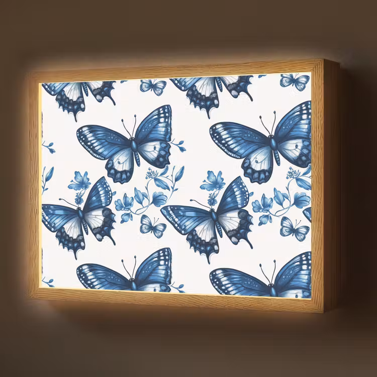 Blauw - Vlinders - Bloemen - Wit Light Box met batterij (Wandlamp) middel 907 -z3d_website