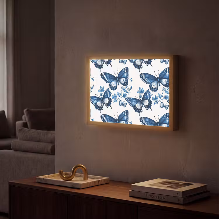Blauw - Vlinders - Bloemen - Wit Light Box met batterij (Wandlamp) middel 907 -sfeer1