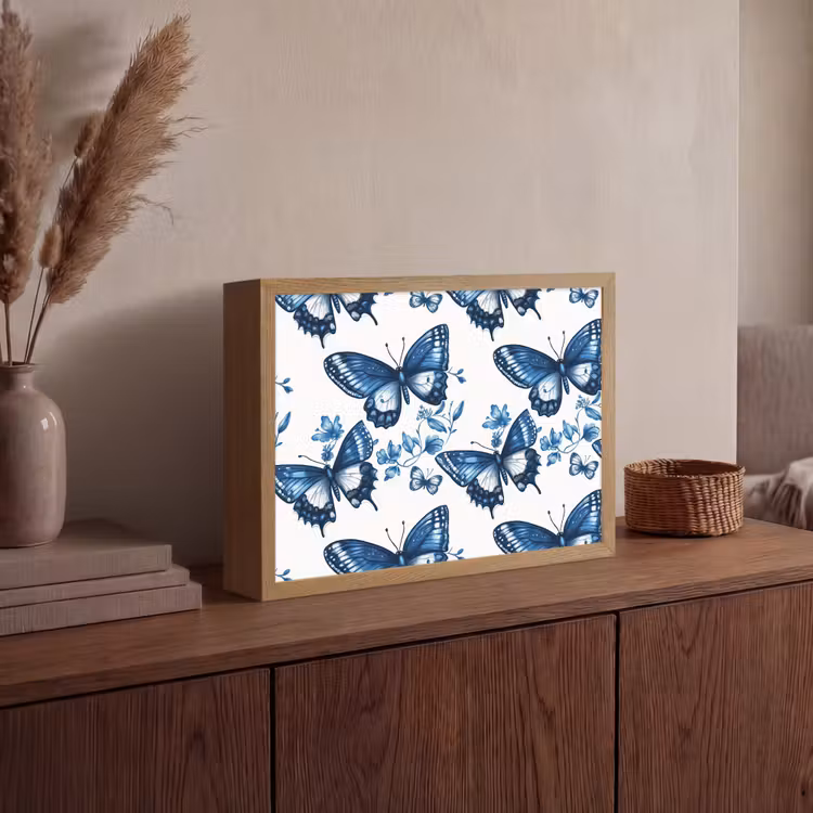 Blauw - Vlinders - Bloemen - Wit Light Box met batterij (Wandlamp) middel 907 -sfeer2