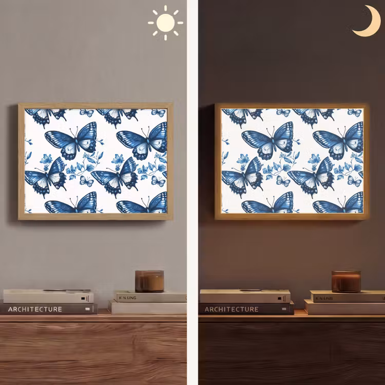 Blauw - Vlinders - Bloemen - Wit Light Box met batterij (Wandlamp) middel 907 -sfeer3
