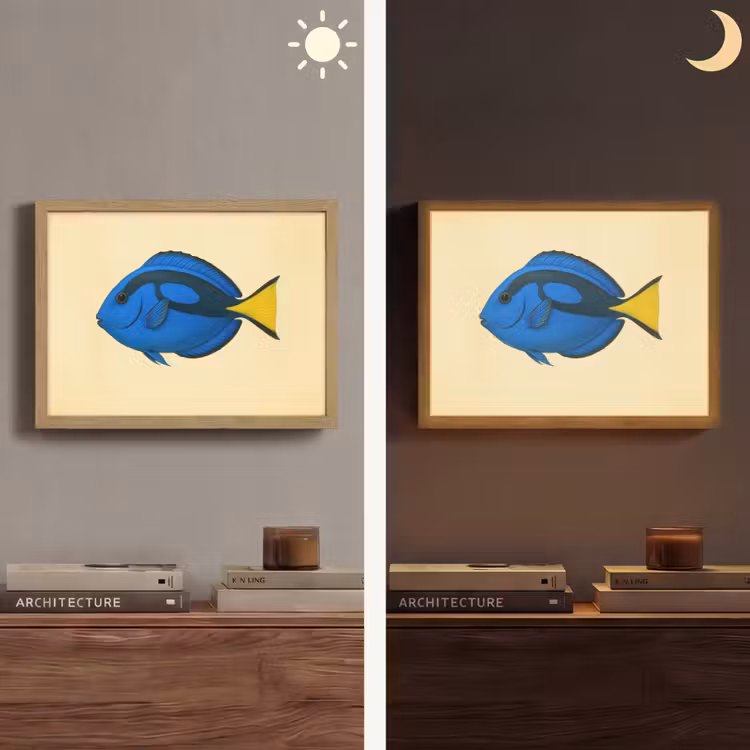 Blauw - Dory - Vis - Staartvin Light Box met batterij (Wandlamp) middel -sfeer3