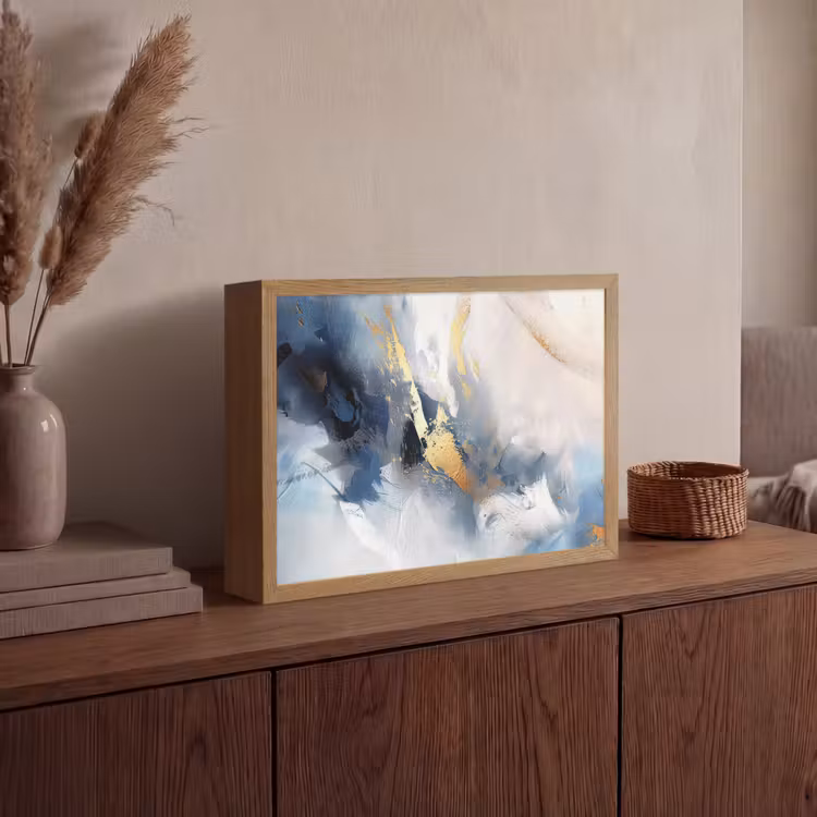 Blauw - Modern - Marmer - Abstract - Goud Light Box met batterij (Wandlamp) middel -sfeer2