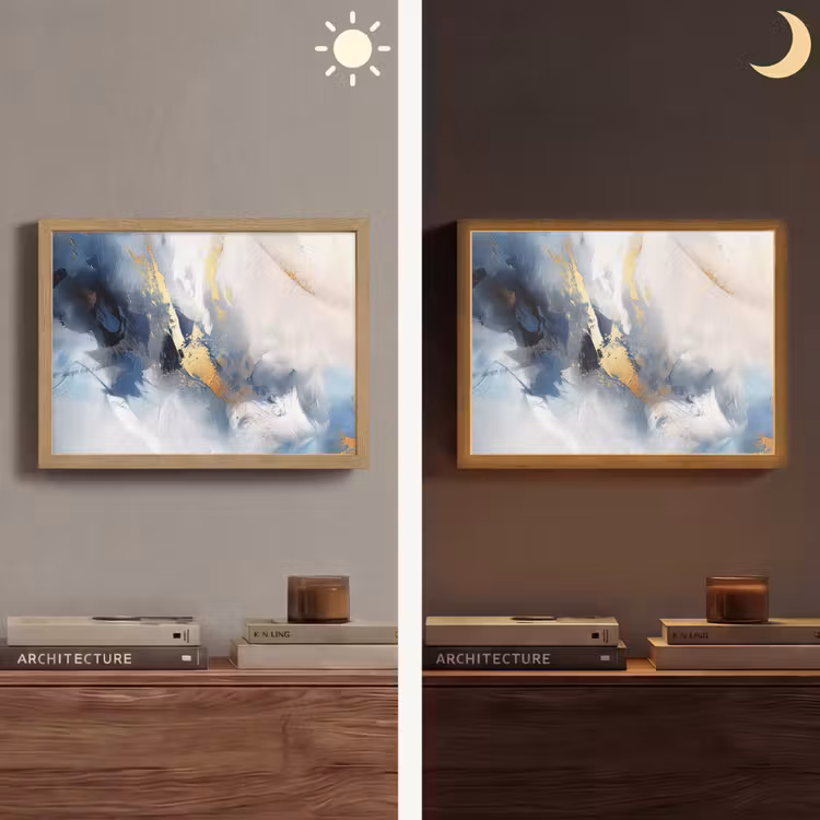 Blauw - Modern - Marmer - Abstract - Goud Light Box met batterij (Wandlamp) middel -sfeer3