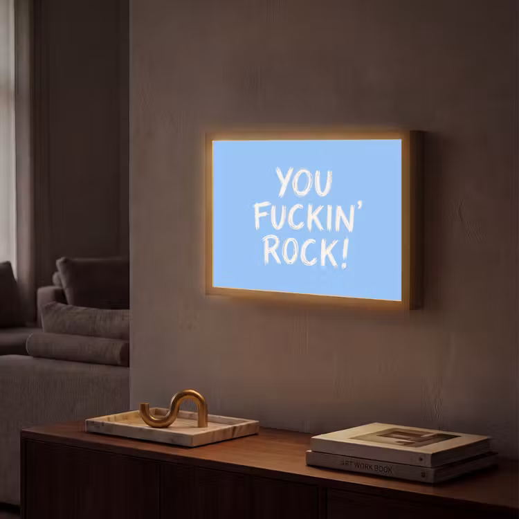Blauw - Wit - You fuckin rock Light Box met batterij (Wandlamp) middel -sfeer1
