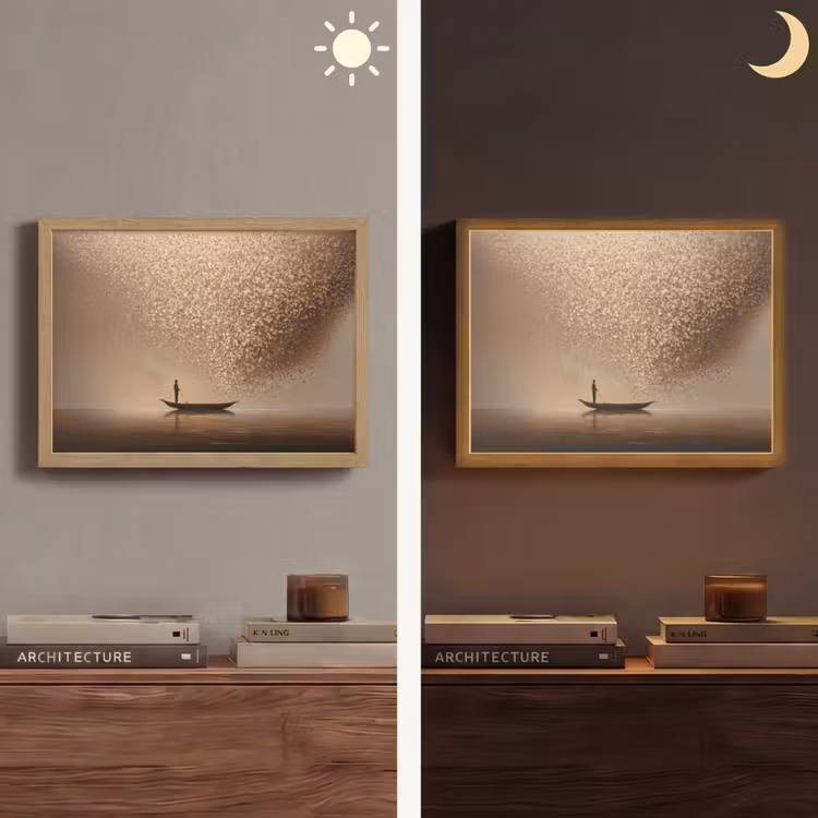 Bootje - Blaadjes - Goud - Water Light Box met batterij (Wandlamp) middel -sfeer3