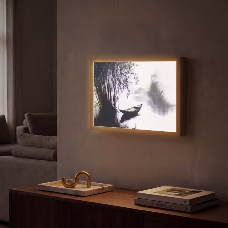 Boot - Rivier - Bamboe - Wit Light Box met batterij (Wandlamp) middel -sfeer1