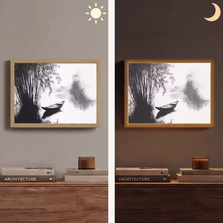 Boot - Rivier - Bamboe - Wit Light Box met batterij (Wandlamp) middel -sfeer3