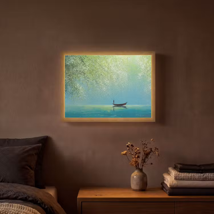 Bootje - Water - Bladeren - Bloesems Light Box met batterij (Wandlamp) middel -sfeer4
