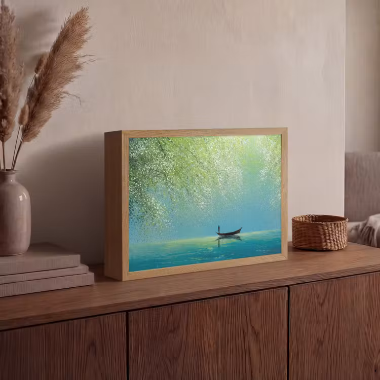 Bootje - Water - Bladeren - Bloesems Light Box met batterij (Wandlamp) middel -sfeer2