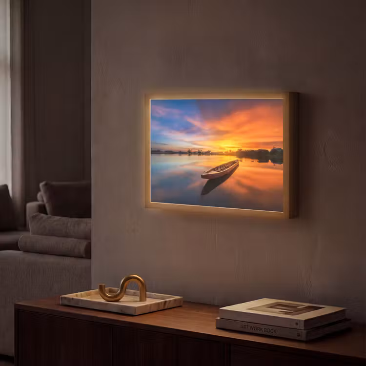 Boot - Water - Zonsondergang - Oranje - Water Light Box met batterij (Wandlamp) middel -sfeer1