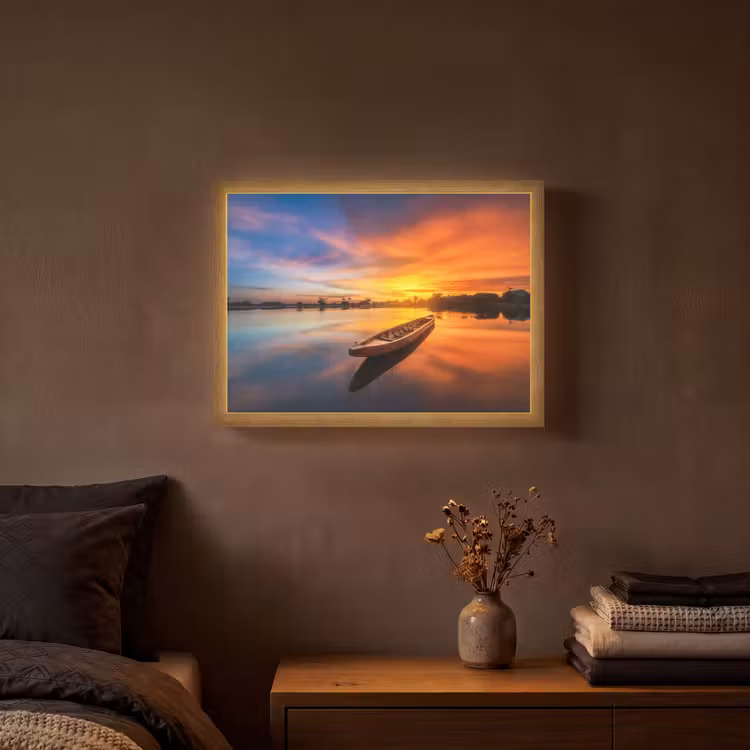 Boot - Water - Zonsondergang - Oranje - Water Light Box met batterij (Wandlamp) middel -sfeer4