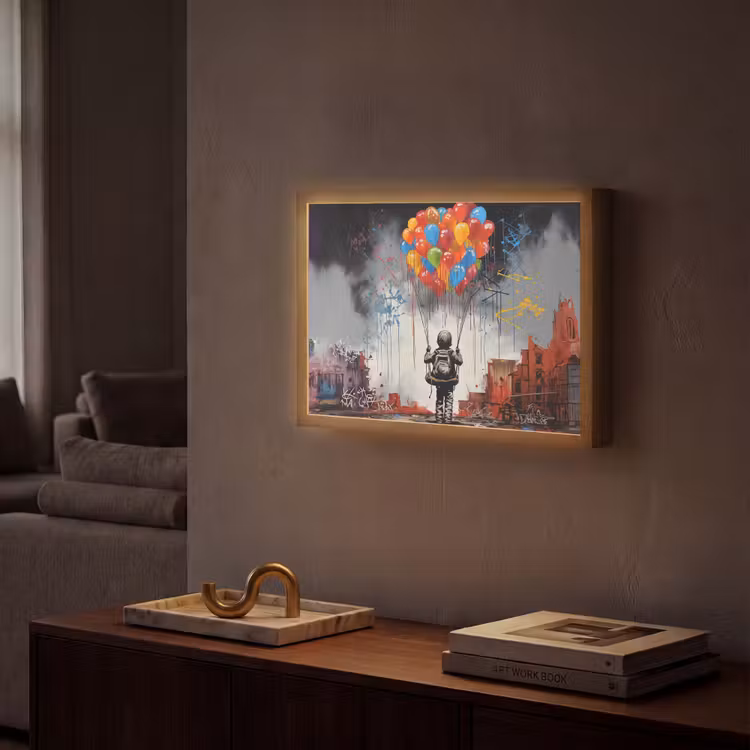 Jongen - Ballonnen - Gebouwen - Kunst Light Box met batterij (Wandlamp) middel -sfeer1