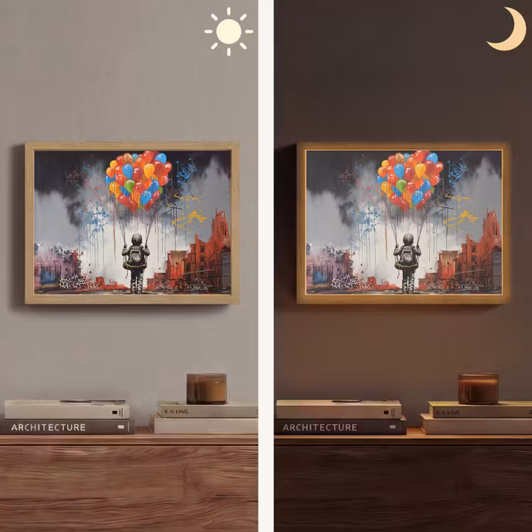 Jongen - Ballonnen - Gebouwen - Kunst Light Box met batterij (Wandlamp) middel -sfeer3