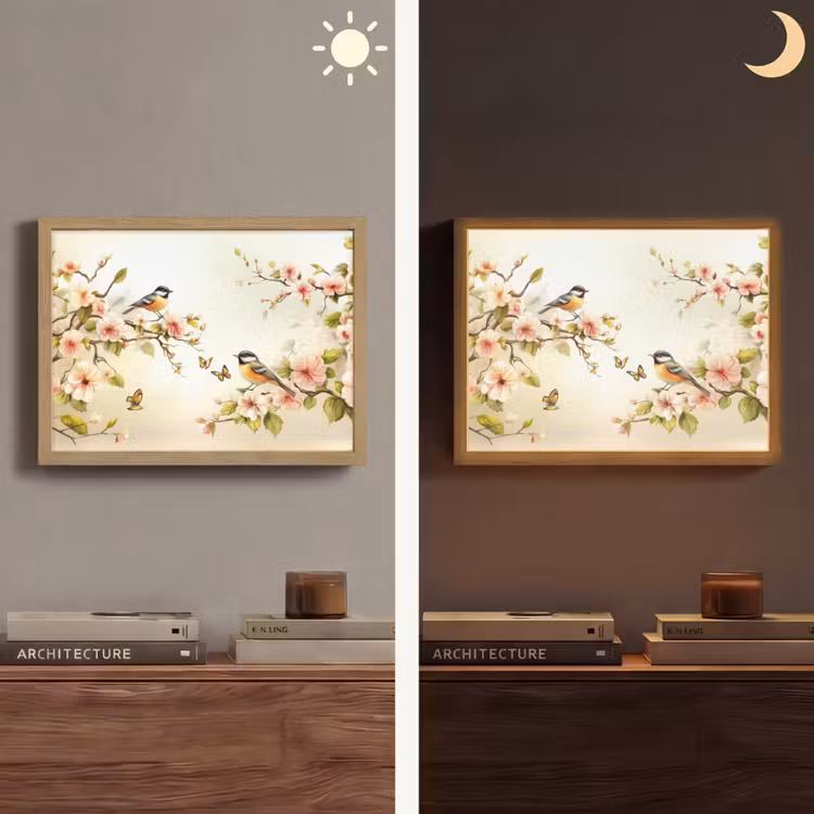 Takken - Bloemen - Vogeltjes - Roze Light Box met batterij (Wandlamp) middel -sfeer3
