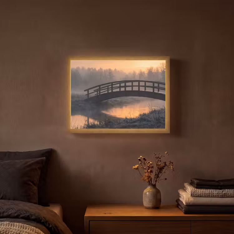 Brug - Mist - Bomen - Water Light Box met batterij (Wandlamp) middel -sfeer4