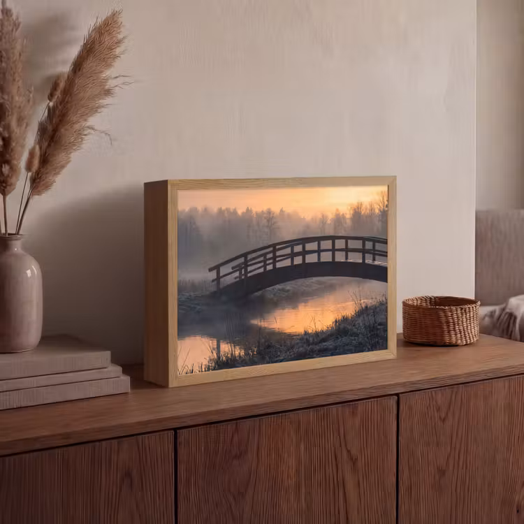Brug - Mist - Bomen - Water Light Box met batterij (Wandlamp) middel -sfeer2