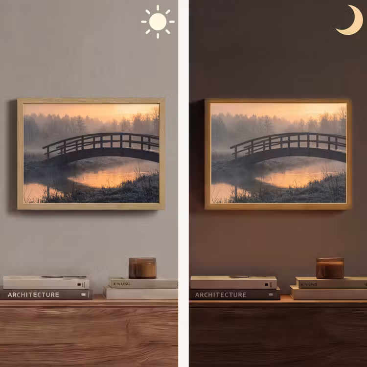Brug - Mist - Bomen - Water Light Box met batterij (Wandlamp) middel -sfeer3