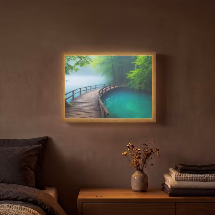 Brug - Water - Rivier - Bos Light Box met batterij (Wandlamp) middel -sfeer4