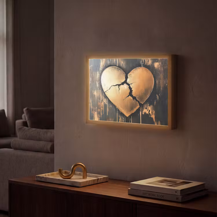 Gebroken hart - Goud - Houtlook - Liefde Light Box met batterij (Wandlamp) middel -sfeer1