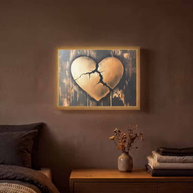 Gebroken hart - Goud - Houtlook - Liefde Light Box met batterij (Wandlamp) middel -sfeer4