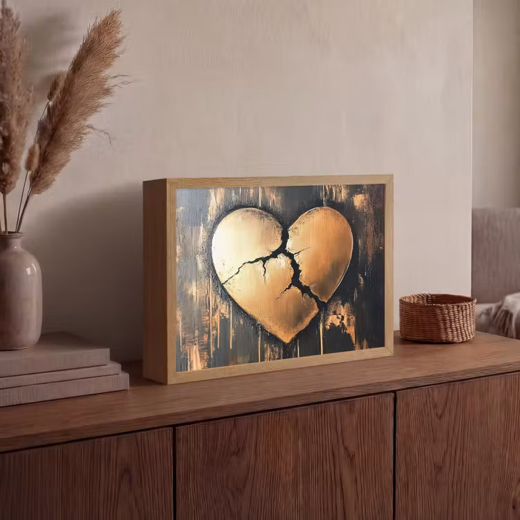 Gebroken hart - Goud - Houtlook - Liefde Light Box met batterij (Wandlamp) middel -sfeer2