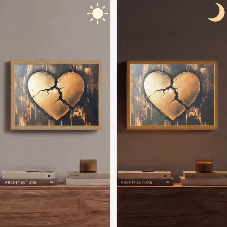 Gebroken hart - Goud - Houtlook - Liefde Light Box met batterij (Wandlamp) middel -sfeer3