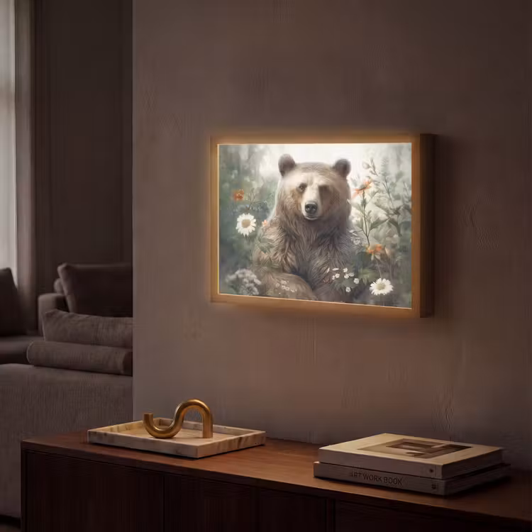Bruine beer - Wilde dieren - Bloemen - Planten Light Box met batterij (Wandlamp) middel -sfeer1