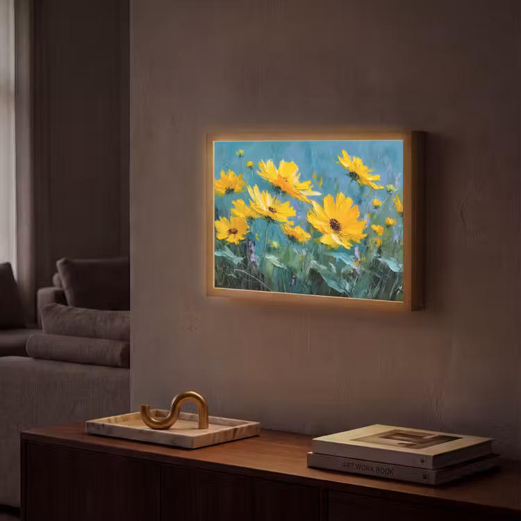 Penseelstreken - Bloemen - Felgeel - Abstract Light Box met batterij (Wandlamp) middel -sfeer1
