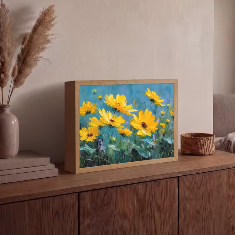 Penseelstreken - Bloemen - Felgeel - Abstract Light Box met batterij (Wandlamp) middel -sfeer2