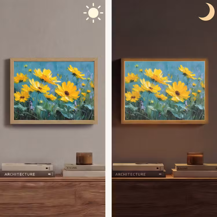 Penseelstreken - Bloemen - Felgeel - Abstract Light Box met batterij (Wandlamp) middel -sfeer3
