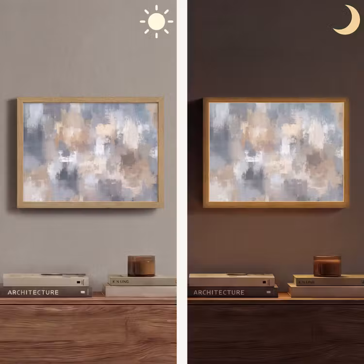 Penseelstreken - Schilderij - Beige Light Box met batterij (Wandlamp) middel -sfeer3