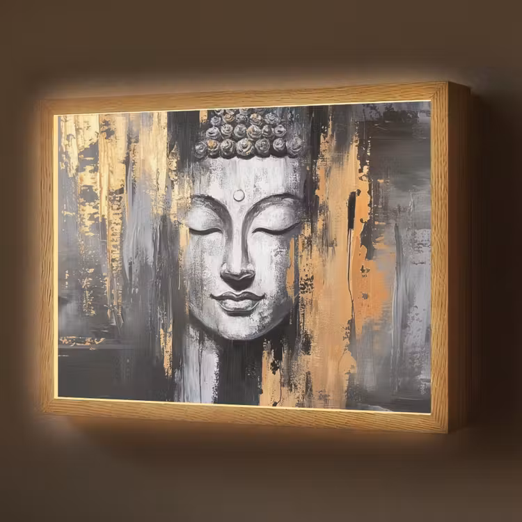 Boedhha - Penseelstreken - Goud - Abstract Light Box met batterij (Wandlamp) middel -z3d_website