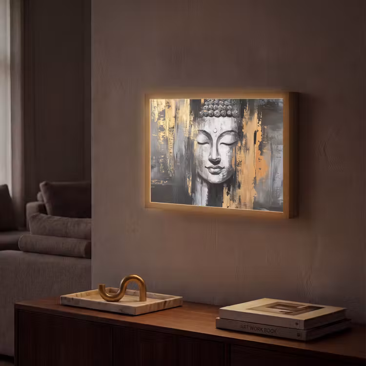 Boedhha - Penseelstreken - Goud - Abstract Light Box met batterij (Wandlamp) middel -sfeer1