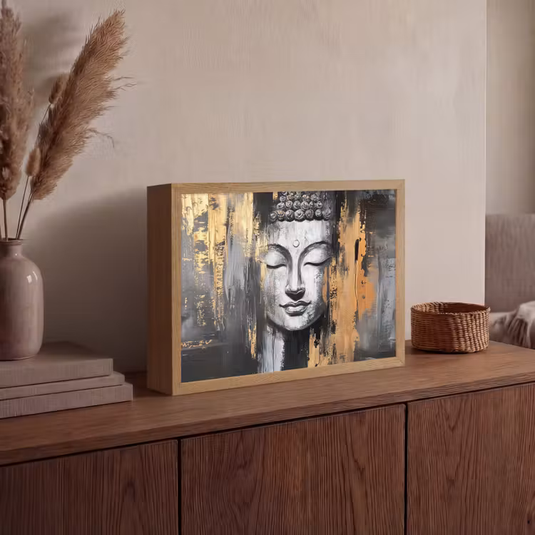 Boedhha - Penseelstreken - Goud - Abstract Light Box met batterij (Wandlamp) middel -sfeer2