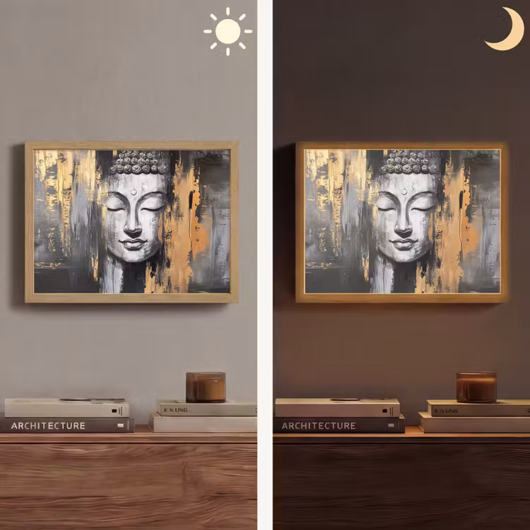 Boedhha - Penseelstreken - Goud - Abstract Light Box met batterij (Wandlamp) middel -sfeer3