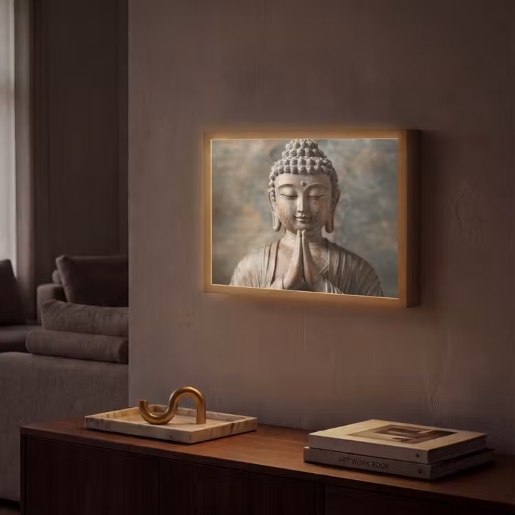 Boedha - Beeld - Bruin - Rust Light Box met batterij (Wandlamp) middel -sfeer1
