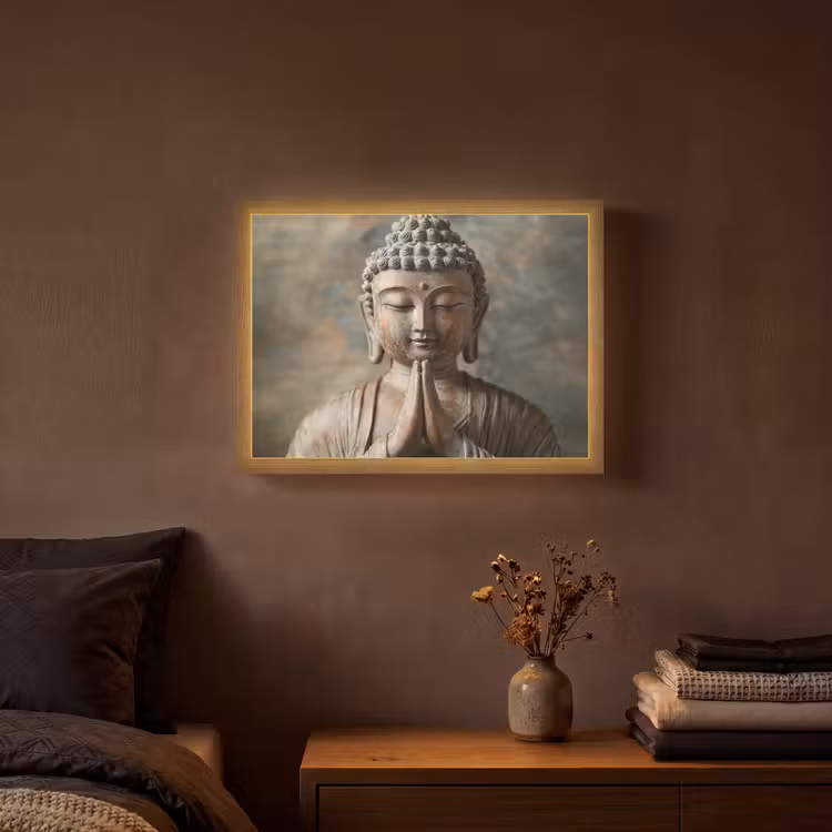 Boedha - Beeld - Bruin - Rust Light Box met batterij (Wandlamp) middel -sfeer4