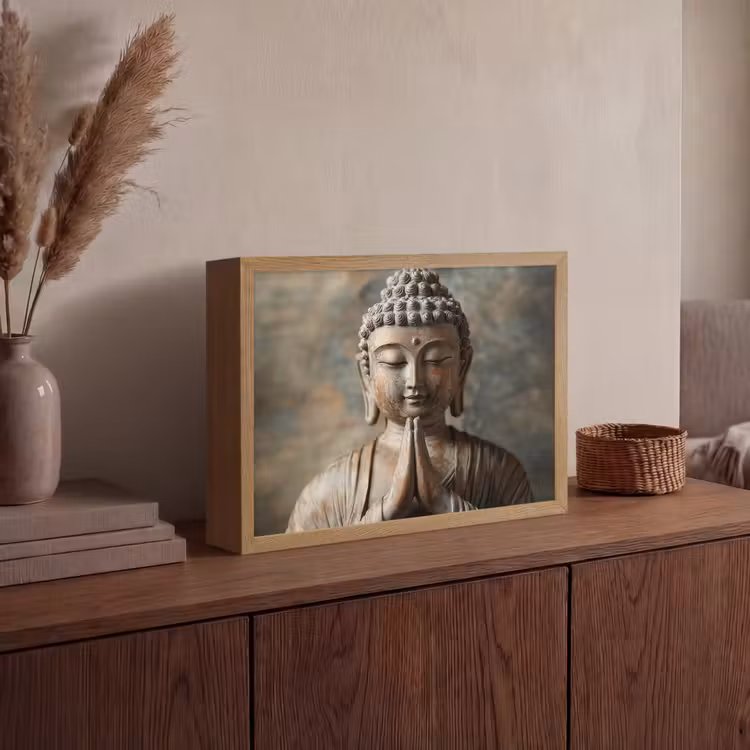 Boedha - Beeld - Bruin - Rust Light Box met batterij (Wandlamp) middel -sfeer2
