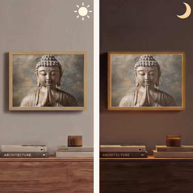 Boedha - Beeld - Bruin - Rust Light Box met batterij (Wandlamp) middel -sfeer3