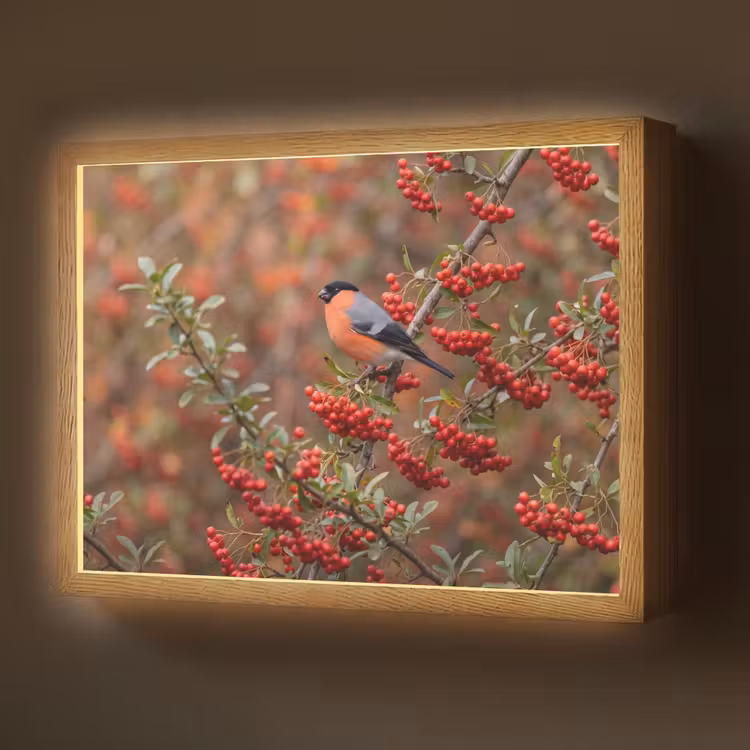 Goudvink - Bessen - Herfst - Natuur - Kleurrijk Light Box met batterij (Wandlamp) middel -z3d_website