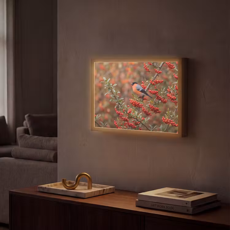 Goudvink - Bessen - Herfst - Natuur - Kleurrijk Light Box met batterij (Wandlamp) middel -sfeer1