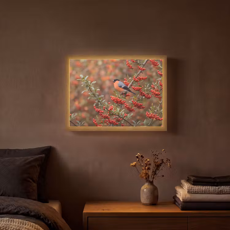 Goudvink - Bessen - Herfst - Natuur - Kleurrijk Light Box met batterij (Wandlamp) middel -sfeer4