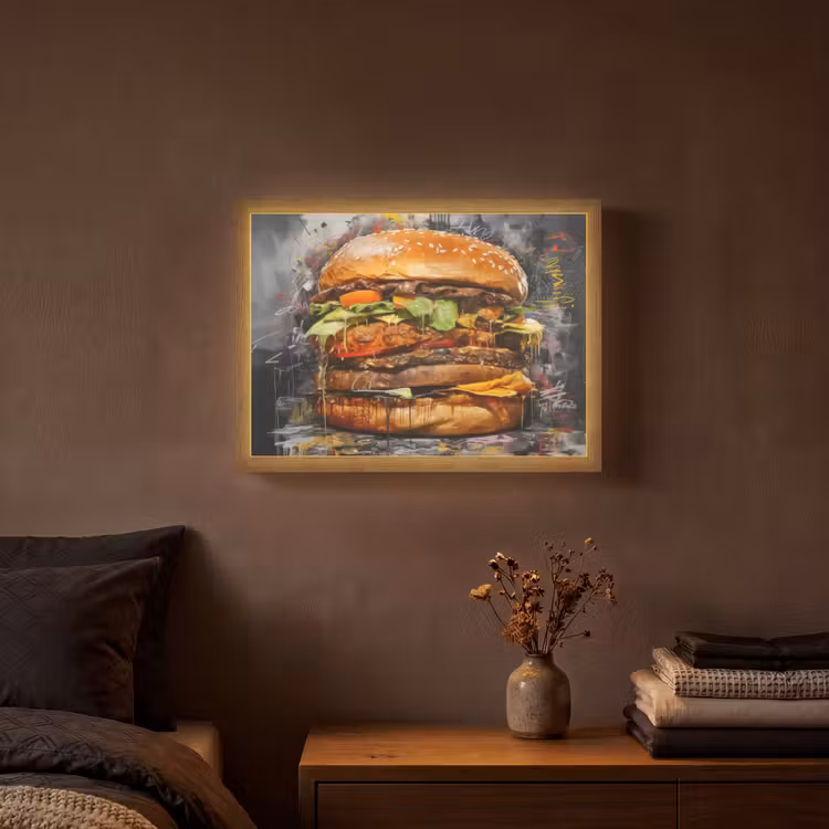 Burger - Eten - Kunst - Grijs - Graffiti Light Box met batterij (Wandlamp) middel -sfeer4