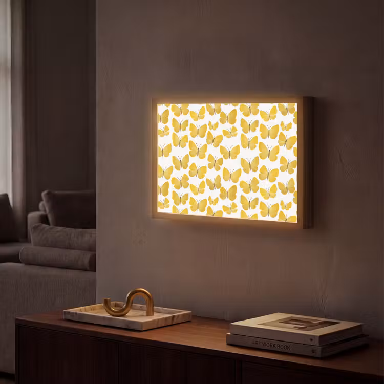 Vlinders - Botanisch - Illustratie - Geel - Wit Light Box met batterij (Wandlamp) middel 907 -sfeer1