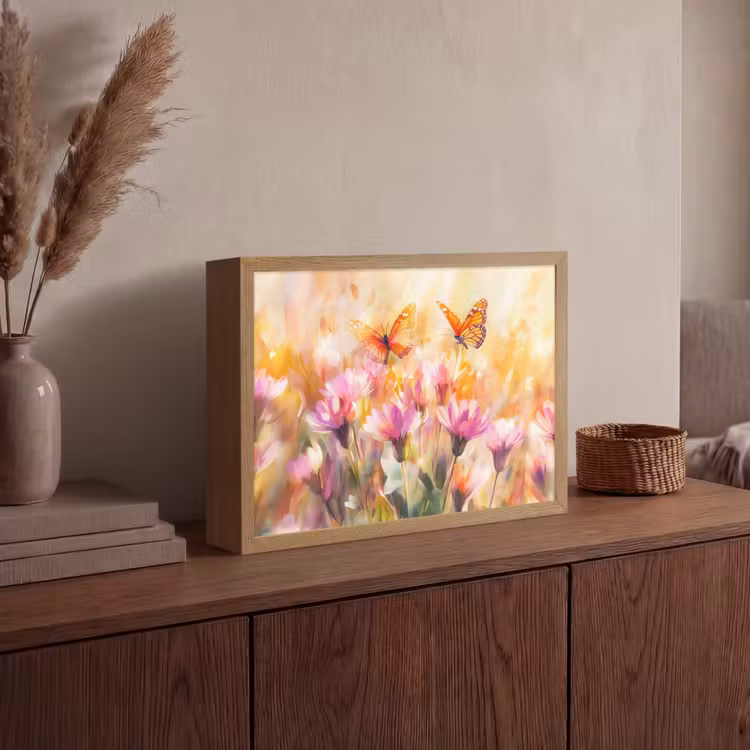 Vlinders - Oranje - Bloemen Light Box met batterij (Wandlamp) middel -sfeer2