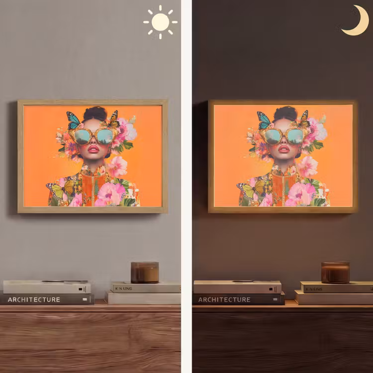 Vlinders - Vrouw - Zonnebril - Kleurrijk Light Box met batterij (Wandlamp) middel -sfeer3