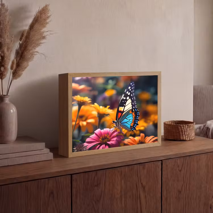 Vlinder - Dier - Kleurrijk - Bloemen - Natuur Light Box met batterij (Wandlamp) middel -sfeer2
